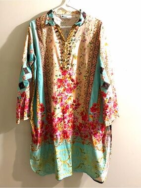 Floral Boho Tunic Dress in Cream, Turquoise & Pink LARGE